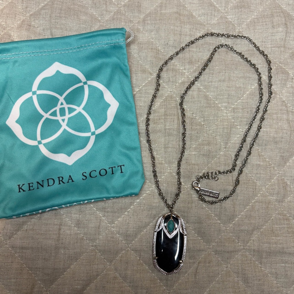 Kendra Scott Roxanne Darby Long Silver Necklace Black Pendant With Turquoise